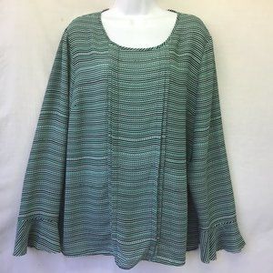 Liz Claiborne Women's Top Green Striped Long Sleeve Pleated Side Slits Tunic XL